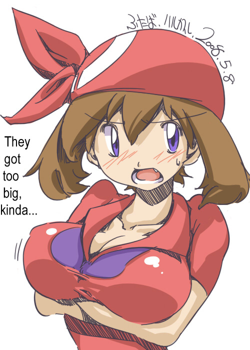 00s 1girl 2008 alternate_breast_size bandana blush breast_hold breasts brown_hair chris_(mario) cleavage dated embarrassed english_text female_focus hair_between_eyes large_breasts liar lies long_hair looking_at_viewer may_(pokemon) motion_lines nintendo open_mouth pokemon purple_eyes simple_background solo sweatdrop tsundere upper_body white_background