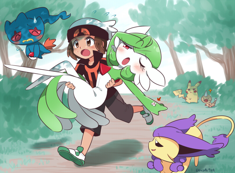 1boy bandaid banette bano_akira beanie blush brendan_(pokemon) bush carrying delcatty flying_sweatdrops gardevoir gen_1_pokemon gen_3_pokemon hat nintendo no_feet one_eye_closed open_mouth pikachu poke_ball poke_ball_(basic) pokemon pokemon_(creature) pokemon_rse princess_carry running shoes sneakers tree weedle