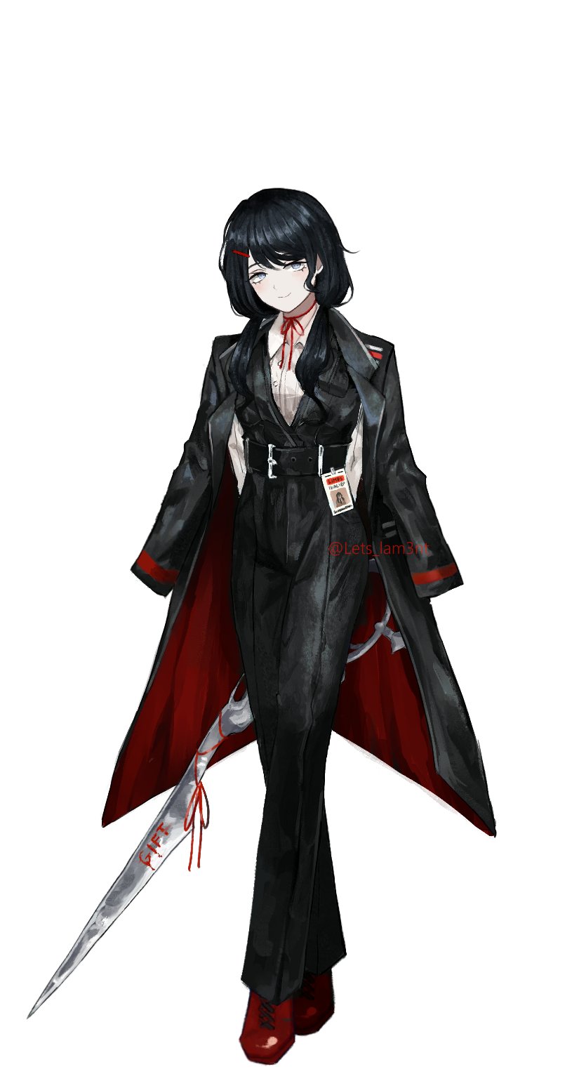 arms_behind_back black_coat black_hair blue_eyes closed_mouth coat collared_shirt english_text full_body hair_ornament hairclip highres id_card lets_lam3nt limbus_company long_hair long_sleeves looking_at_viewer low_twintails neck_ribbon original project_moon red_footwear red_ribbon ribbon schneewittchen_(lets_lam3nt) shirt simple_background smile solo standing sword_writing twintails twitter_username white_background white_shirt