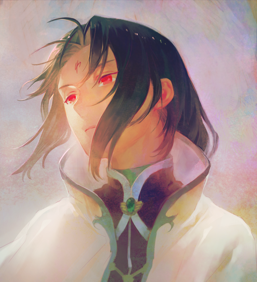 1boy black_hair brooch commentary_request facial_mark fire_emblem fire_emblem:_radiant_dawn forehead_mark gem green_gemstone head_tilt jewelry looking_to_the_side male_focus nintendo picnicic portrait red_eyes solo soren_(fire_emblem) soren_(radiant_confidant)_(fire_emblem)