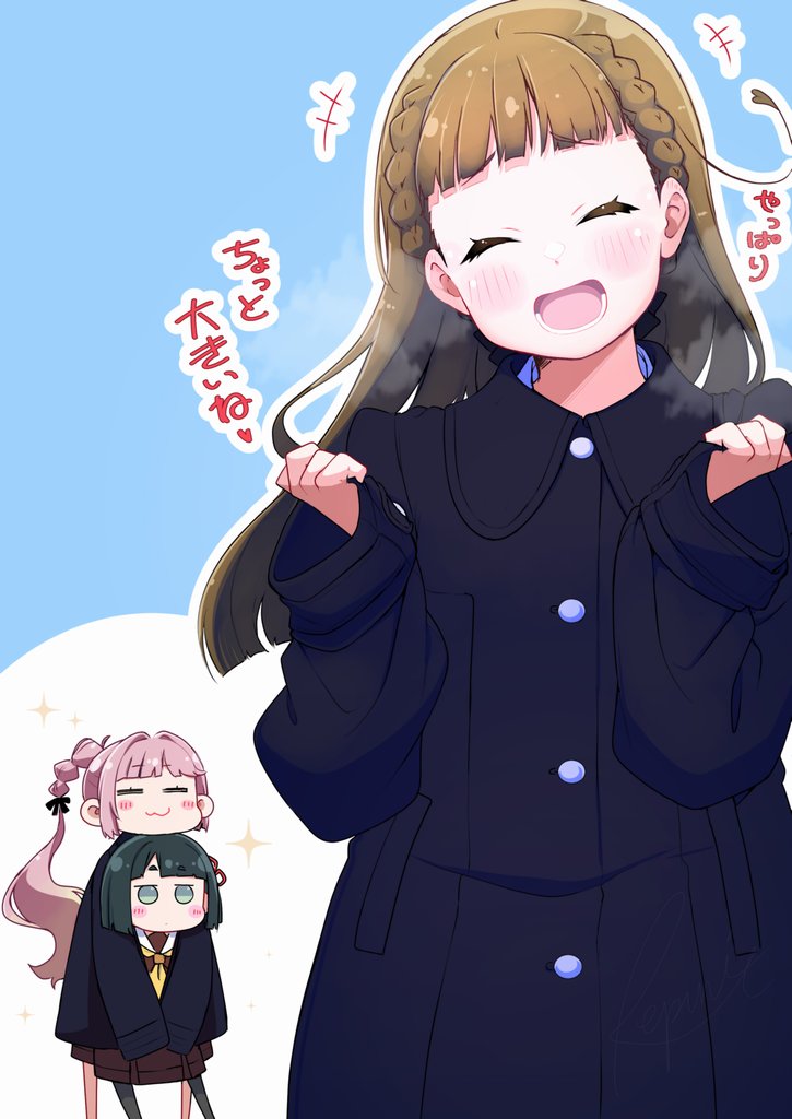 3girls :3 :d =_= ^_^ ahoge anyoji_hime black_coat black_hair black_ribbon blonde_hair blue_background blunt_bangs blunt_ends blush borrowed_clothes braid brown_dress brown_hair center-flap_bangs closed_eyes closed_mouth coat collared_coat commentary dot_mouth dress facing_viewer flower_knot gradient_hair grey_eyes hair_intakes hair_ribbon hasu_no_sora_school_uniform jitome kachimachi_kosuzu link!_like!_love_live! long_hair long_sleeves love_live! momose_ginko multi-tied_hair multicolored_hair multiple_girls neckerchief open_mouth outline oversized_clothes pink_hair pleated_dress ponytail repunit ribbon sailor_collar sailor_dress school_uniform shared_clothes shared_coat short_hair side_ahoge side_braids sidelocks sleeves_past_wrists smile straight_hair translation_request very_long_hair virtual_youtuber white_outline white_sailor_collar winter_uniform yellow_neckerchief