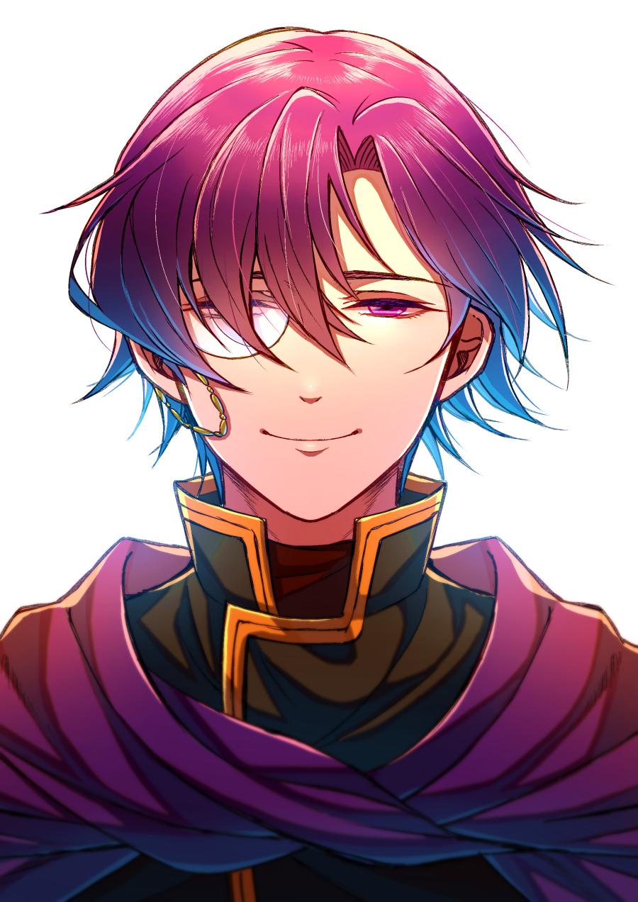 1boy bad_id bad_twitter_id canas_(fire_emblem) cape fire_emblem fire_emblem:_the_blazing_blade hair_over_one_eye highres hzk_(ice17moon) looking_at_viewer male_focus monocle nintendo portrait purple_eyes simple_background smile solo white_background