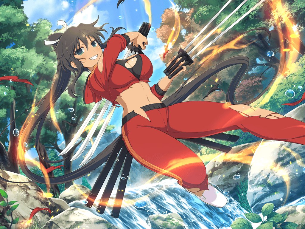 1girl between_fingers bikini_tan black_hair black_sports_bra blue_sky blush breasts cleavage dark-skinned_female dark_skin day fire forest grass green_eyes hair_ribbon high_ponytail holding holding_sword holding_weapon homura_(senran_kagura) hood hooded_track_jacket jacket katana koshirae large_breasts linea_alba long_hair looking_at_viewer midriff multiple_swords multiple_weapons multiple_wielding nature navel official_alternate_costume official_art outdoors pants plant ponytail pyrokinesis red_track_suit ribbon river rock scabbard senran_kagura senran_kagura_new_link senran_kagura_shoujo-tachi_no_shin&#039;ei sheath shiny_skin shirt sky smile solo sports_bra sword tan tanline teeth torn_clothes torn_jacket torn_pants torn_shirt torn_sports_bra track_jacket track_pants track_suit tsuba_(guard) tsuka-ito unsheathed very_long_hair water water_drop waterfall weapon white_footwear white_ribbon yaegashi_nan