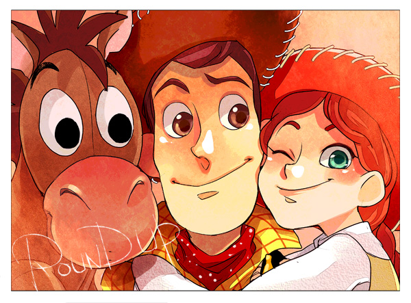 1boy 1girl ;) border braid brown_eyes brown_hair bullseye bullseye_(toy_story) cheek-to-cheek cowboy_hat cowgirl_(western) green_eyes hat heads_together hetero horse hug jessie_the_yodeling_cowgirl neckerchief one_eye_closed pixar red_hair sandwiched sheriff_woody single_braid smile toy_story toy_story_2 u-min white_border
