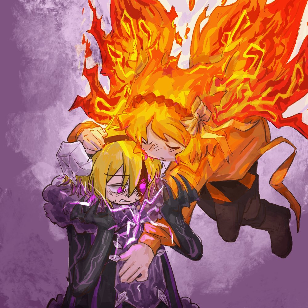 2girls ardor_blossom_star_(e.g.o) black_pants blood blood_on_face blush boots brown_footwear claws closed_eyes don_quixote_(project_moon) e.g.o_(project_moon) electric_screaming_(e.g.o) fiery_hair fiery_wings flying fur_trim hairband hand_on_another&#039;s_head horns hug ishmael_(project_moon) jacket limbus_company long_hair multiple_girls orange_jacket pants pink_eyes project_moon wings yoru_kae yuri