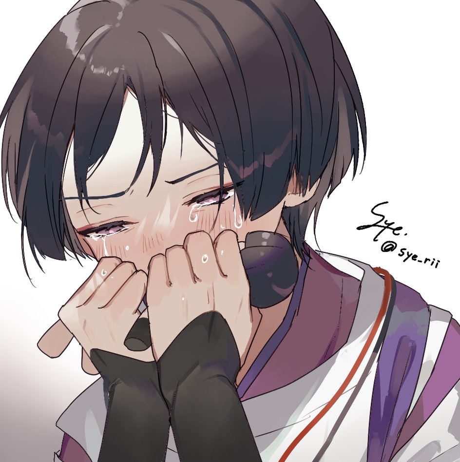 1boy black_hair blunt_ends blush character_doll clenched_hands covering_own_mouth crying crying_with_eyes_open doll eyeliner eyeshadow furrowed_brow genshin_impact holding holding_doll holding_toy japanese_clothes kariginu kimono layered_clothes layered_kimono loose_hair_strand makeup male_focus own_hands_together parted_bangs purple_eyes purple_kimono purple_sash red_eyeliner red_eyeshadow sash scaramouche_(genshin_impact) scaramouche_(kabukimono)_(genshin_impact) signature solo squinting streaming_tears string stuffed_toy syerii tears toy twitter_username white_background white_kimono