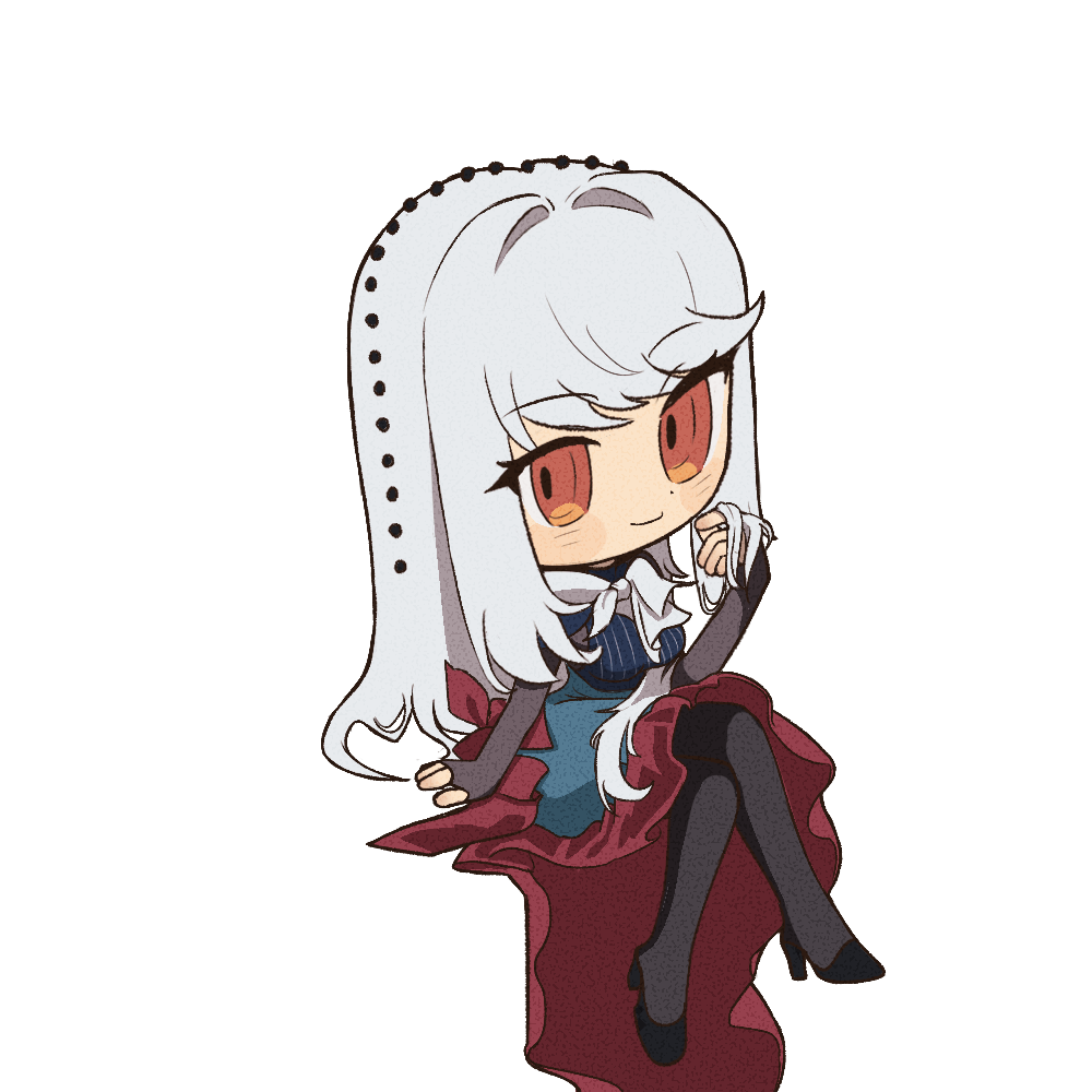 1girl arm_support black_footwear black_pantyhose black_shirt chibi crossed_legs full_body green_skirt hand_up high_heels holding holding_own_hair invisible_chair long_hair long_skirt long_sleeves looking_at_viewer neckerchief pantyhose pearl_hair_ornament red_eyes reverse:1999 semmelweis_(reverse:1999) shirt sitting skirt smile solo thiepriest transparent_background white_hair white_neckerchief
