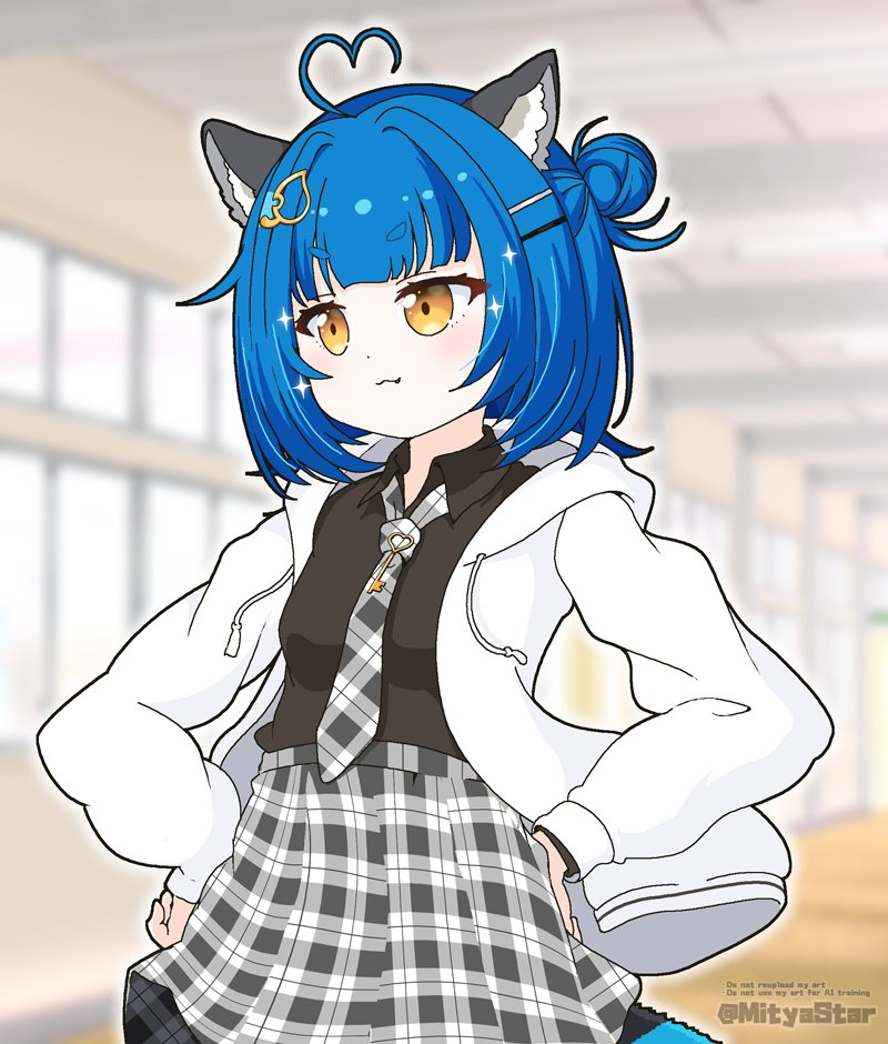 1girl :3 ahoge animal_ear_fluff animal_ears black_shirt blue_hair blurry blurry_background blush closed_mouth collared_shirt commentary_request depth_of_field drawstring english_text fang fang_out hair_bun hair_ornament hairclip hands_on_own_hips heart heart_ahoge hood hood_down hooded_jacket chromashift indoors jacket key long_sleeves mitya necktie open_clothes open_jacket orange_eyes plaid_clothes plaid_necktie plaid_skirt pleated_skirt poko_rakun puffy_long_sleeves puffy_sleeves raccoon_ears raccoon_girl raccoon_tail shirt short_eyebrows skirt solo striped_tail tail thick_eyebrows twitter_username v-shaped_eyebrows virtual_youtuber watermark white_jacket