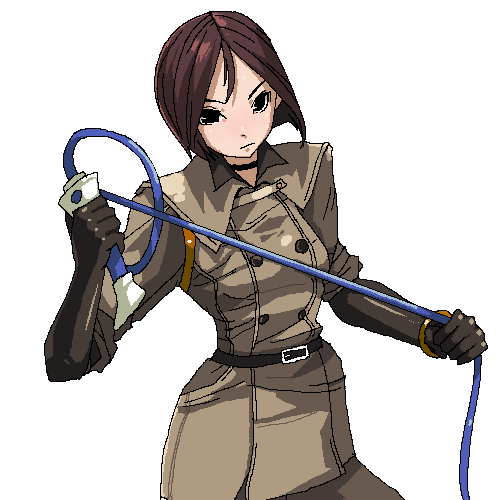 1girl bob_cut brown_hair chiisan choker female_focus gloves looking_at_viewer lowres short_hair simple_background snk solo the_king_of_fighters uniform whip whip_(kof) white_background