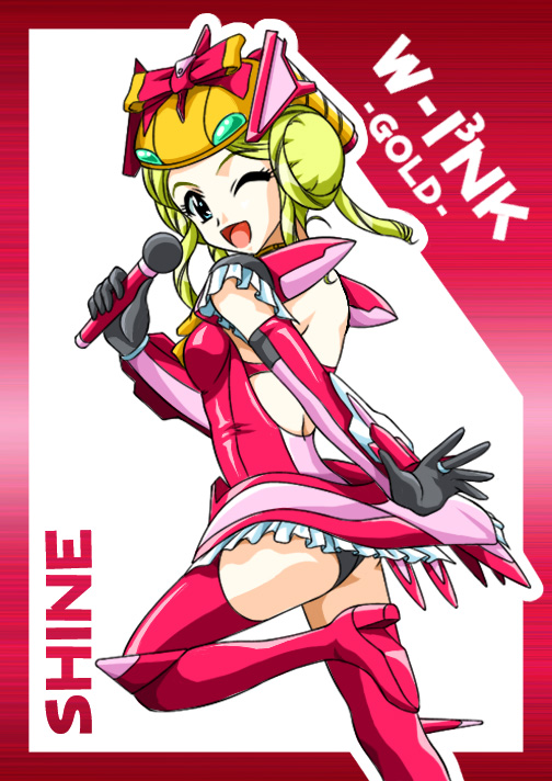 banpresto blonde_hair cosplay fairlion fairlion_(cosplay) majin_go! mecha_musume microphone shine_hausen solo super_robot_wars super_robot_wars_original_generation thighhighs