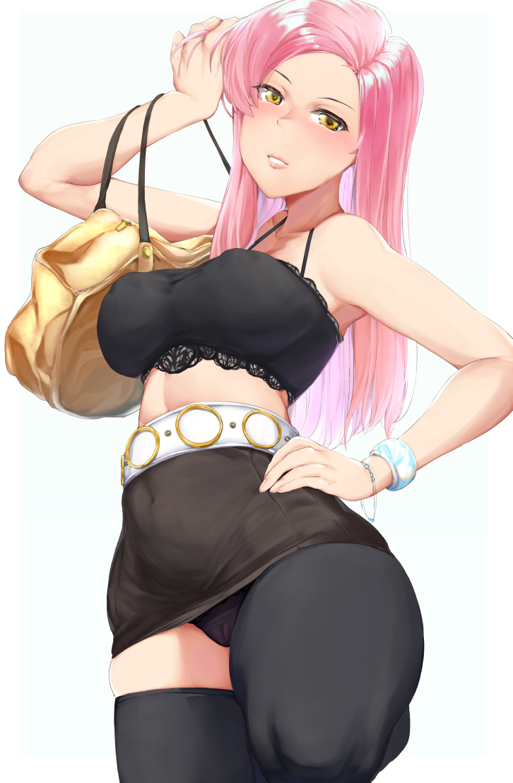 1girl bad_id bad_pixiv_id bag beagle belt black_bra black_panties black_skirt blush bra bracelet breasts cameltoe covered_erect_nipples cowboy_shot dantes_ward female_focus frilled_bra frills hand_on_own_head handbag jewelry large_breasts leg_up long_hair looking_at_viewer microskirt nose_blush original panties pantyshot parted_bangs pencil_skirt pink_hair skindentation skirt solo standing straight_hair thighhighs underwear white_belt yellow_eyes