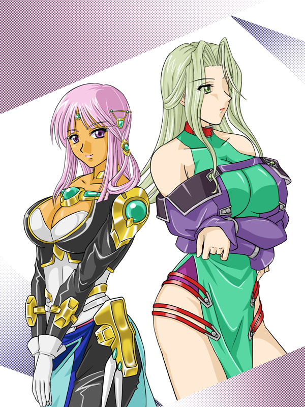 2girls ariel_org banpresto breast_hold breasts choker cleavage crossed_arms crossover dark_skin dark-skinned_female green_eyes green_hair hair_ornament hair_over_one_eye jewelry lamia_loveless large_breasts multiple_girls necklace purple_eyes purple_hair ralsaz real_robot_regiment super_robot_wars super_robot_wars_advance super_robot_wars_advanced_portable v_arms