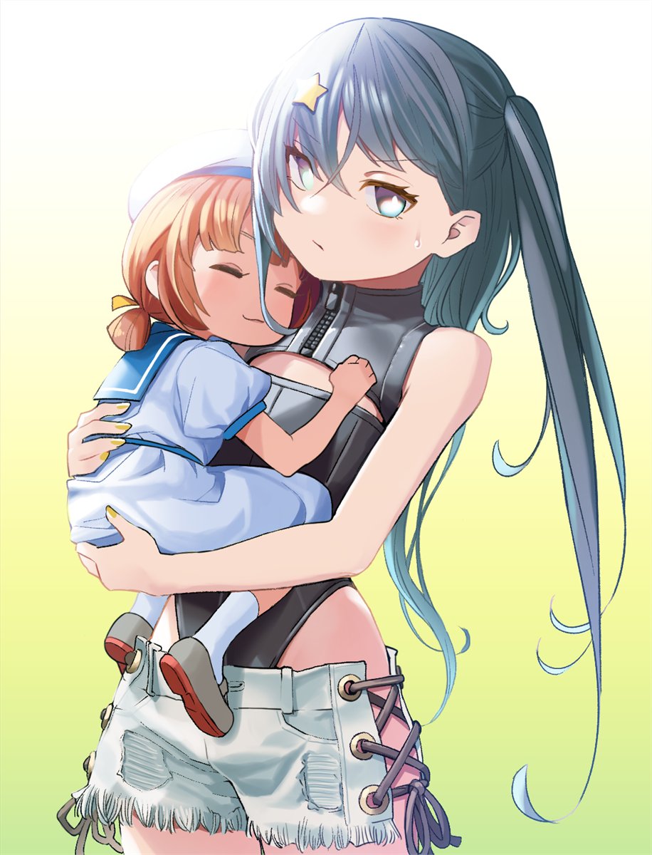 2girls black_hair black_one-piece_swimsuit blue_sailor_collar brown_hair competition_swimsuit cuddling dress grey_background hair_ornament hair_rings highleg highleg_one-piece_swimsuit highres kaiboukan_no._4_(kancolle) kantai_collection long_hair low_twintails mizoki_kei multiple_girls one-piece_swimsuit sailor_collar sailor_dress scamp_(kancolle) shoes short_shorts shorts side_ponytail sleeping socks star_(symbol) star_hair_ornament swimsuit twintails uwabaki white_dress white_footwear white_shorts white_socks
