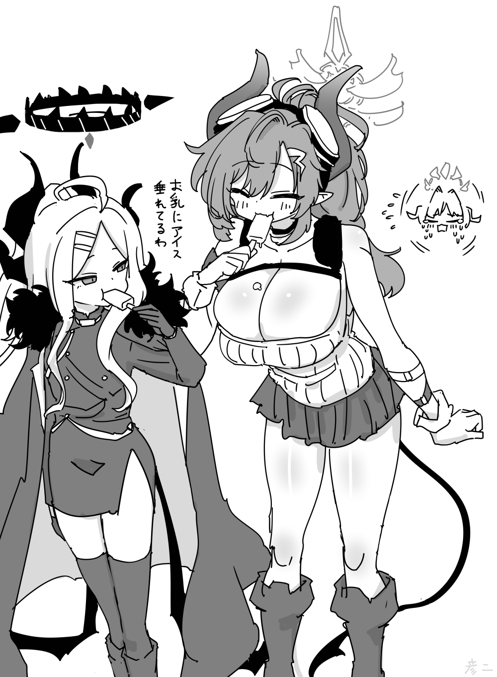 &gt;_&lt; 2girls ^_^ ahoge blue_archive blush boots breasts cleavage closed_eyes coat coat_on_shoulders collarbone commentary_request demon_horns demon_wings eating flying_sweatdrops food fur-trimmed_coat fur_trim gloves greyscale halo highres hina_(blue_archive) holding holding_food holding_popsicle horns kasumi_(blue_archive) knee_boots large_breasts low_wings megu_(blue_archive) miniskirt monochrome multiple_girls nishino_hikoji parted_bangs pleated_skirt popsicle ribbed_shirt shirt simple_background skirt sleeveless sleeveless_shirt smile tears translation_request white_background wings