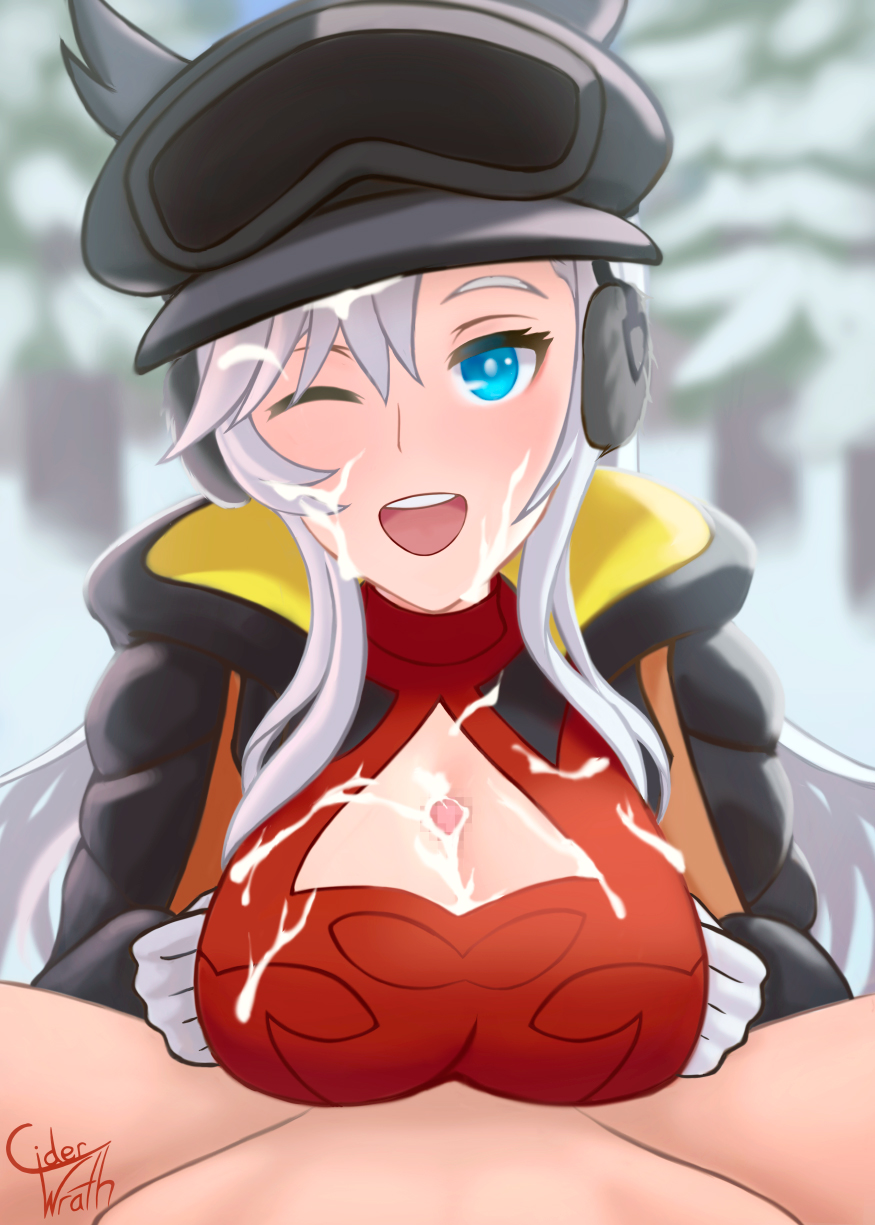 1boy 1girl black_jacket blue_eyes breasts ciderwrath cleavage_cutout clothing_cutout cum cum_on_body cum_on_breasts cum_on_hair cum_on_upper_body dragalia_lost ear_covers earmuffs facial forest gloves goggles goggles_on_head highres ilia_(dragalia_lost) jacket large_breasts looking_at_viewer nature one_eye_closed open_clothes open_jacket open_mouth paizuri red_shirt shirt signature snow white_gloves white_hair