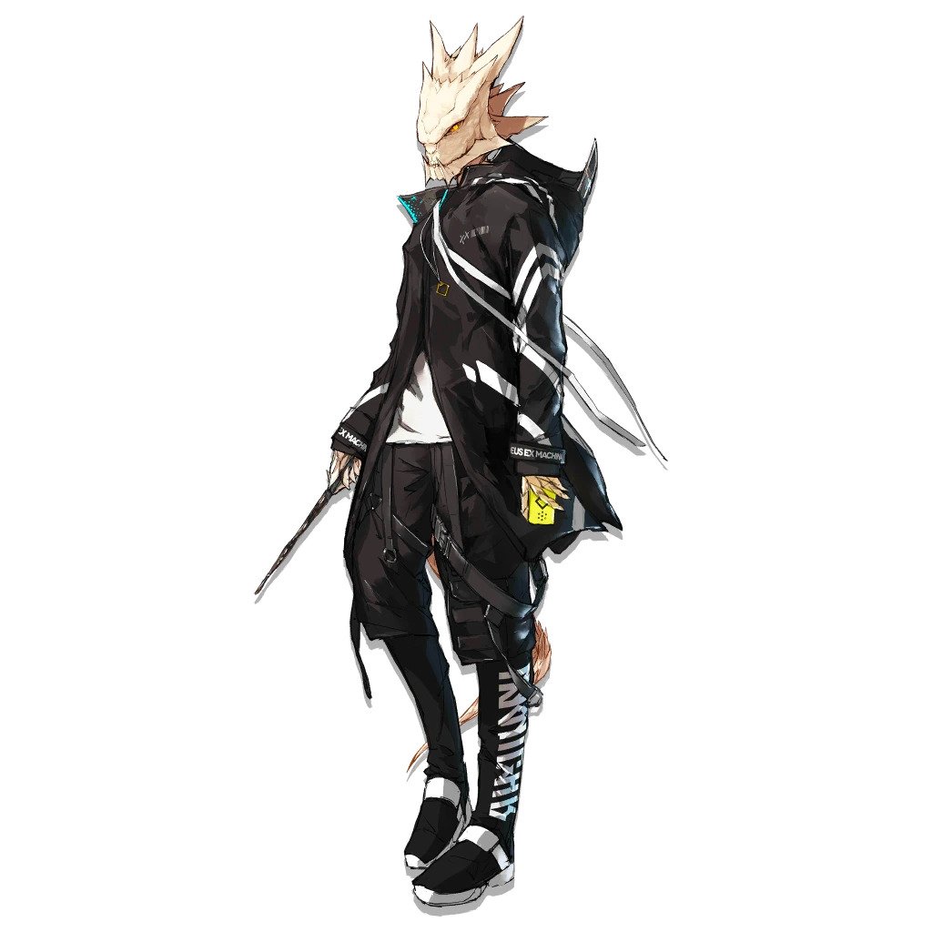 12f_(arknights) 1boy arknights artist_request cellphone coat full_body lizard long_sleeves looking_at_viewer male_focus no_humans non-web_source official_art orange_eyes personification phone simple_background solo source_request tail white_background yellow_eyes