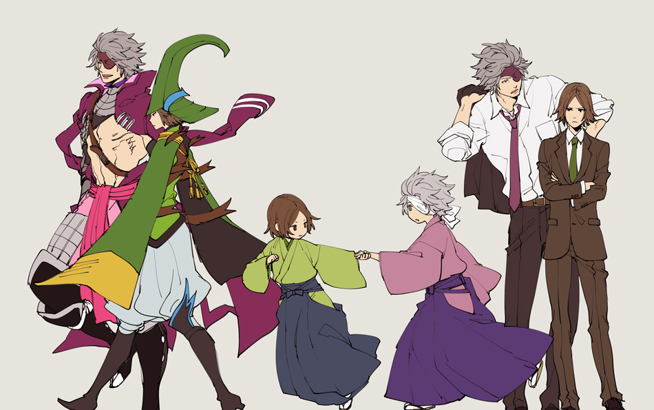 2boys :d :o abs age_comparison aged_down armor bandage_over_one_eye blue_eyes boots brown_eyes brown_footwear brown_hair brown_jacket brown_pants brown_suit chousokabe_motochika_(sengoku_basara) contemporary eyepatch formal_clothes frown green_kimono green_necktie green_shirt grey_background grey_hair grey_hakama hakama hakama_pants helmet holding holding_another&#039;s_wrist holding_jacket holding_unworn_clothes jacket jacket_on_shoulders japanese_armor japanese_clothes kabuto_(helmet) kimono male_focus mouri_motonari_(sengoku_basara) multiple_boys multiple_views necktie no_shirt open_mouth pants pink_kimono pink_pants purple_hakama purple_jacket purple_necktie sengoku_basara shirt short_hair simple_background smile spiked_hair suit toned toned_male unworn_jacket walking white_pants white_shirt yona_(waiko)
