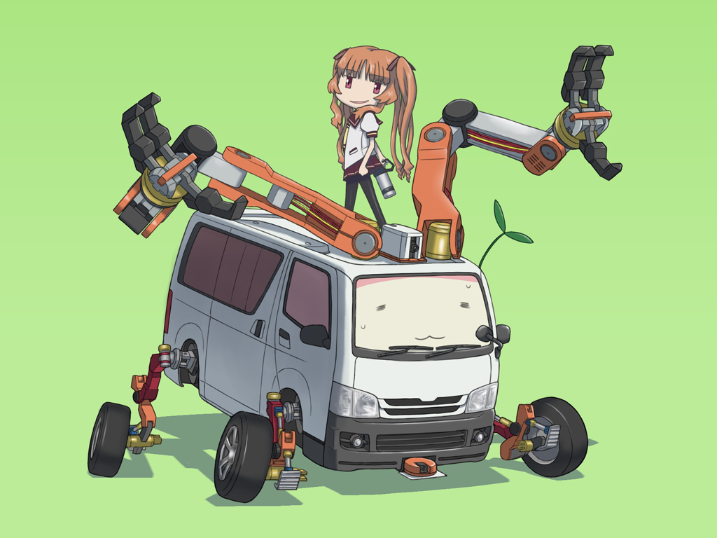 10s 1girl ano_natsu_de_matteru evil_grin evil_smile female_focus green_background grin leaf leggings mechanical_arms motor_vehicle oniyan pantyhose red_eyes rinon_(ano_natsu_de_matteru) school_uniform simple_background single_mechanical_arm smile solo van vehicle yamano_remon