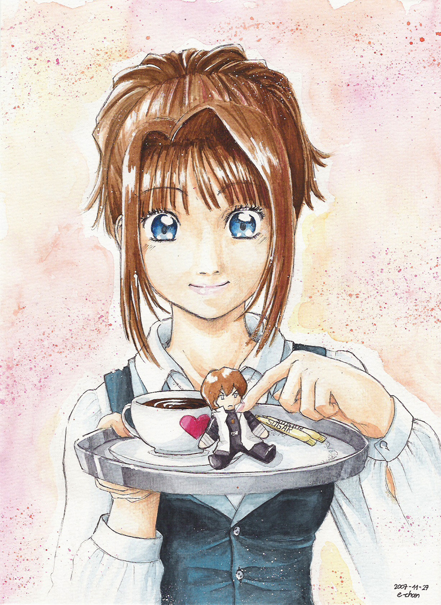 1boy 1girl blue_eyes brown_hair chibi cup disposable_coffee_cup disposable_cup highres holding holding_saucer kaiba_seto light_smile mazaki_anzu ponytail saucer granulated_sugar traditional_media yu-gi-oh!