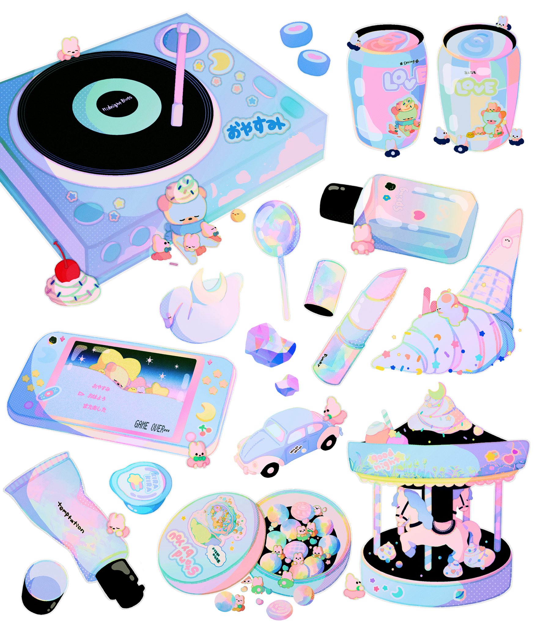 artist_name bird can candy carousel cherry cosmetics creature drink_can english_text food fruit handheld_game_console highres ice_cream ice_cream_cone lipstick_tube lollipop moyaco no_humans original pastel_colors phonograph signature simple_background sleeping soda_can swan toy_car toy_carousel translation_request white_background