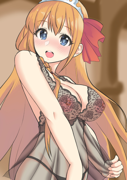 1girl babydoll blue_eyes blush breasts female_focus hair_ribbon large_breasts long_hair nipples open_mouth orange_hair otoufu_barricade panties pecorine_(princess_connect!) princess_connect! ribbon see-through_clothes underwear
