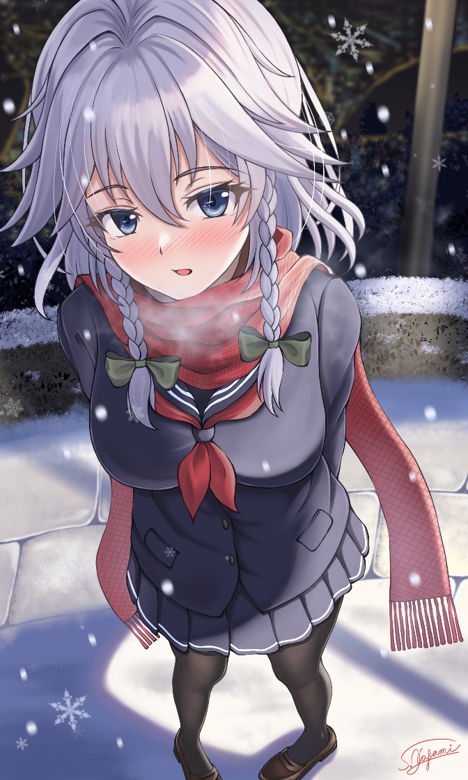 1girl artist_name blue_eyes blue_jacket blue_skirt blush bow braid breasts green_bow grey_hair hair_bow hair_ornament izayoi_sakuya jacket looking_at_viewer medium_breasts neck_ribbon open_mouth red_scarf ribbon scarf school_uniform skirt snowflakes snowing solo touhou twin_braids winter_clothes yagamin258