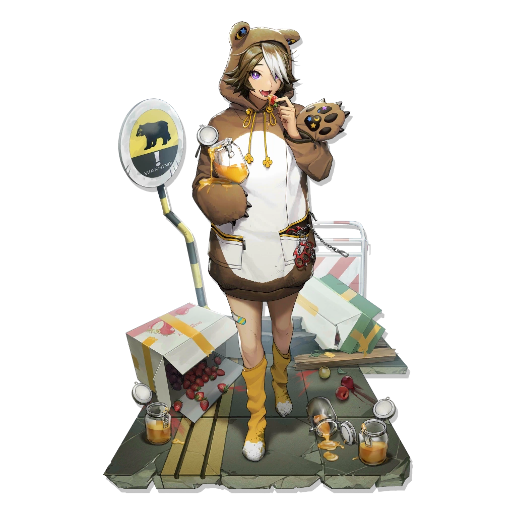 1girl :d animal_costume animal_ears arknights bear bear_ears beehunter_(arknights) beehunter_(honey_pilferer)_(arknights) breasts brown_hair brown_hoodie commentary_request fang food fruit full_body hair_over_one_eye hand_up holding holding_food honey hood hoodie long_sleeves looking_at_viewer multicolored_hair multicolored_hoodie non-web_source official_alternate_costume official_art open_mouth purple_eyes short_hair shorts sign simple_background smile solo source_request standing strawberry streaked_hair teeth transparent_background two-tone_hair white_background white_hair white_hoodie