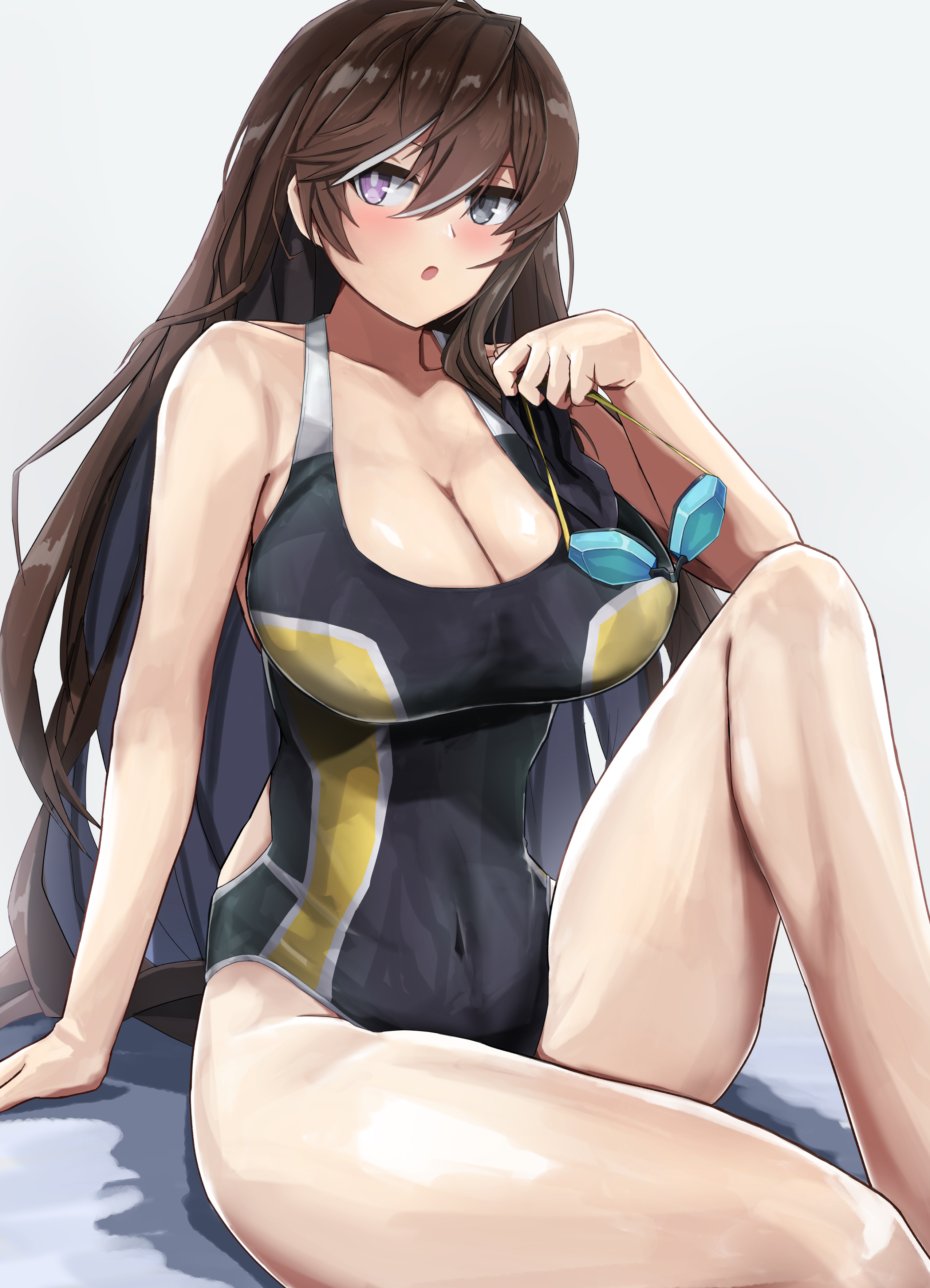 1girl :o absurdres arm_support back_cutout bare_arms bare_shoulders black_one-piece_swimsuit blush breasts bright_pupils brown_hair cleavage clothing_cutout collarbone commentary competition_swimsuit counter:side covered_navel elbow_on_knee english_commentary goggles grey_background grey_eyes hair_between_eyes heterochromia highres holding holding_goggles karin_wong knee_up large_breasts long_hair looking_to_the_side msto multicolored_hair official_alternate_costume one-piece_swimsuit purple_eyes single_bare_leg sitting solo streaked_hair swimsuit thighs white_hair white_pupils