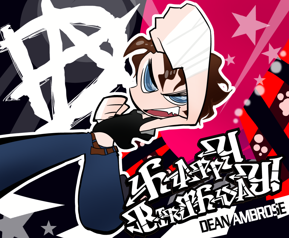 1boy bandages belt blue_eyes brown_hair chibi dean_ambrose english_text fangs happy_birthday male_focus open_mouth pants panty_&amp;_stocking_with_garterbelt parody punching shirt sleeveless sleeveless_shirt solo style_parody wwe yuzuko_(yuzuko0921)