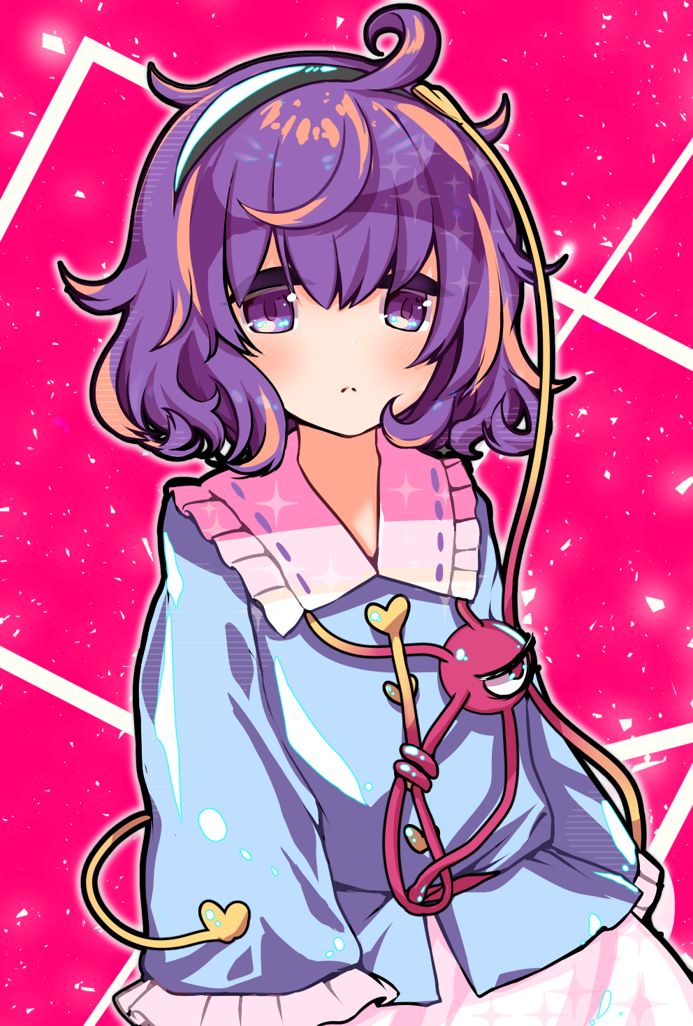 1girl :&lt; black_hairband blouse blue_shirt blush buttons closed_mouth collared_shirt eyeball frilled_shirt_collar frilled_sleeves frills hairband heart_button highres komeiji_satori long_sleeves magenta_background noose pink_background pink_skirt purple_eyes purple_hair rapameri red_eyes ribbon_trim shirt short_hair skirt sleeves_past_fingers sleeves_past_wrists solo third_eye touhou wavy_hair wide_sleeves