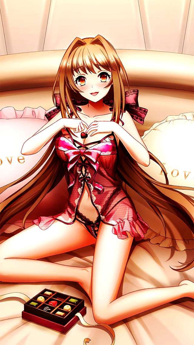 1girl :d bare_arms bare_legs bow breasts brown_eyes brown_hair candy chocolate chocolate_heart cleavage collarbone doukyuusei_(series) doukyuusei_another_world food game_cg hair_bow hair_intakes heart kakyuusei_(series) kakyuusei_2 large_breasts lingerie long_hair looking_at_viewer navel negligee official_art on_bed open_mouth panties print_bow red_bow red_panties saimon_tamaki smile solo twintails underwear very_long_hair