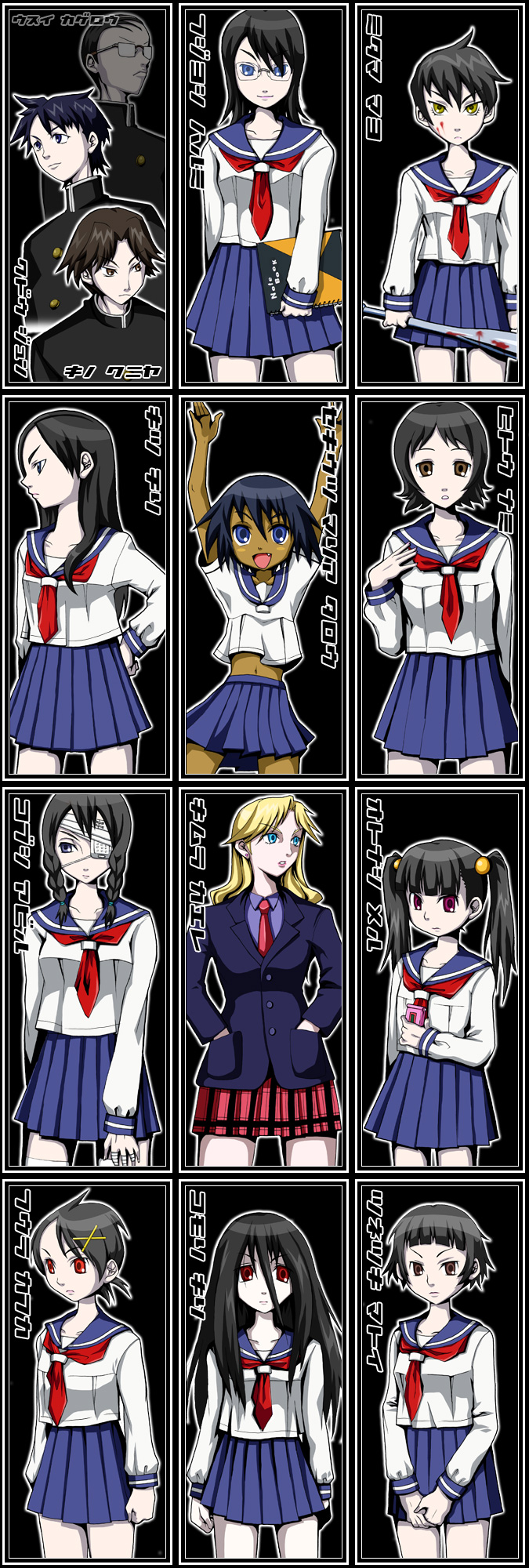 3boys 6+girls bandaged_fingers bandages baseball_bat black_hair blazer blood blue_eyes blue_skirt brown_eyes character_name character_request commentary_request eyepatch fujiyoshi_harumi fuura_kafuka gakuran glasses hair_ornament hands_in_pockets highres holding holding_baseball_bat holding_notebook holding_phone jacket kimura_kaere kobushi_abiru komori_kiri kurono multiple_boys multiple_girls navel necktie notebook otonashi_meru phone pleated_skirt red_eyes red_necktie sailor_collar sayonara_zetsubou_sensei school_uniform sekiutsu_maria_tarou skirt twintails usui_kagerou
