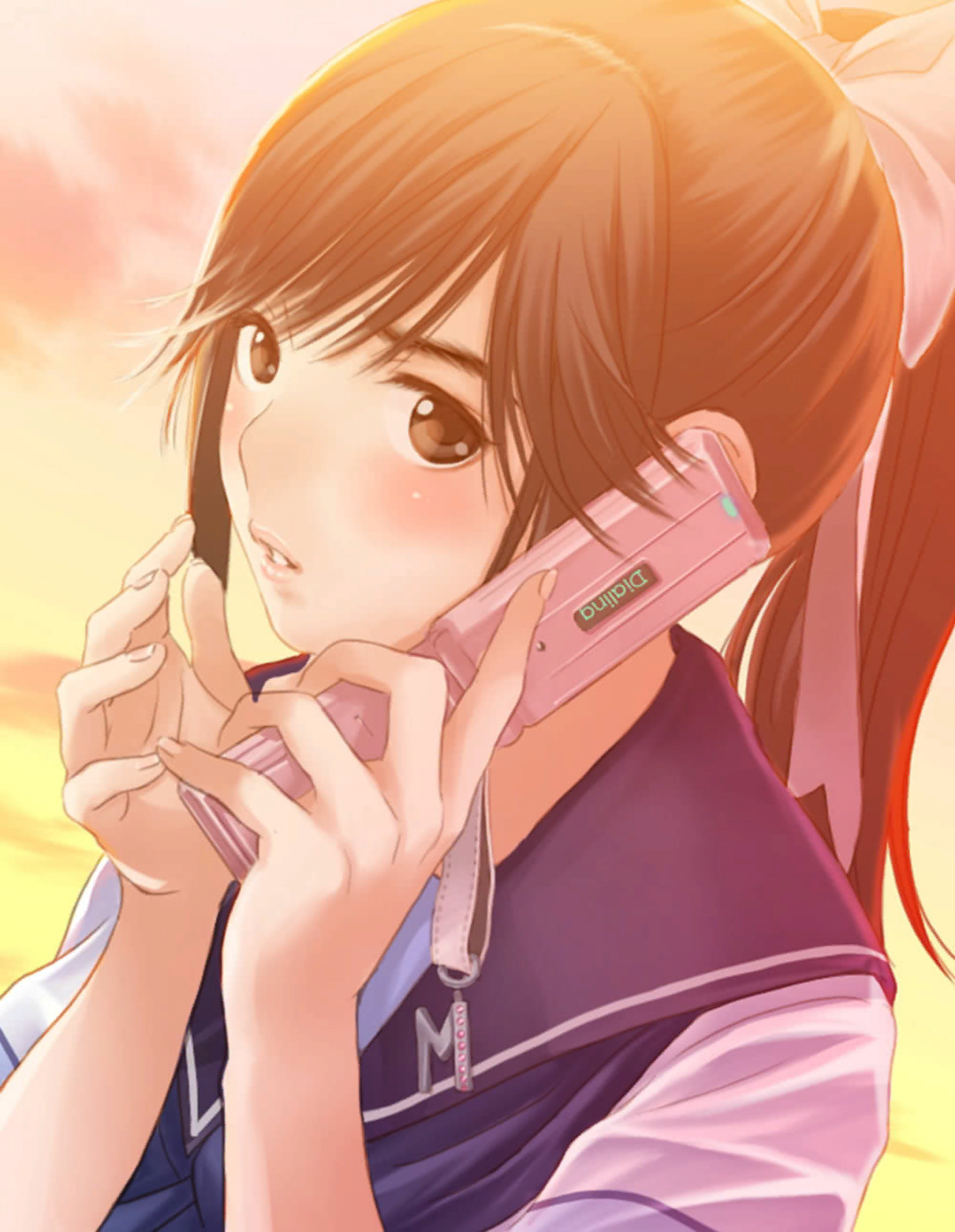 1girl black_eyes black_hair blue_neckerchief blue_sailor_collar blush bow cellphone cellphone_charm charm_(object) cloud commentary_request evening flip_phone gradient_sky hair_bow hair_ribbon hands_up highres holding holding_phone looking_at_viewer love_plus neckerchief official_art open_mouth orange_sky outdoors parted_lips phone pink_lips pink_sky ponytail portrait ribbon sailor_collar school_uniform serafuku short_sleeves sky solo summer_uniform takane_manaka talking_on_phone twilight upper_body white_bow white_ribbon