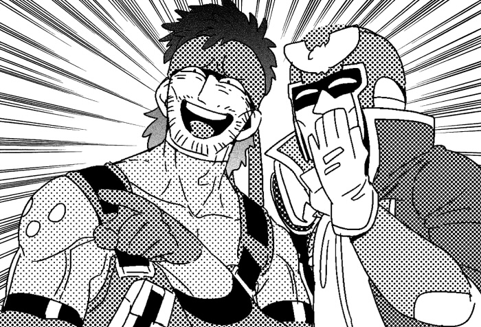 2boys bad_id bad_pixiv_id captain_falcon crossover f-zero gabu_kichi gloves greyscale halftone headband helmet laughing male_focus metal_gear_(series) metal_gear_solid monochrome multiple_boys nintendo open_mouth pointing scarf smile solid_snake super_smash_bros. white_background