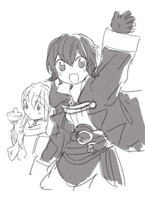 2girls batoson54 cake cake_slice fire_emblem fire_emblem_awakening food fork greyscale holding holding_fork hood hood_down hooded_jacket jacket lucina_(fire_emblem) monochrome female_morgan_(fire_emblem) multiple_girls nintendo smile waving