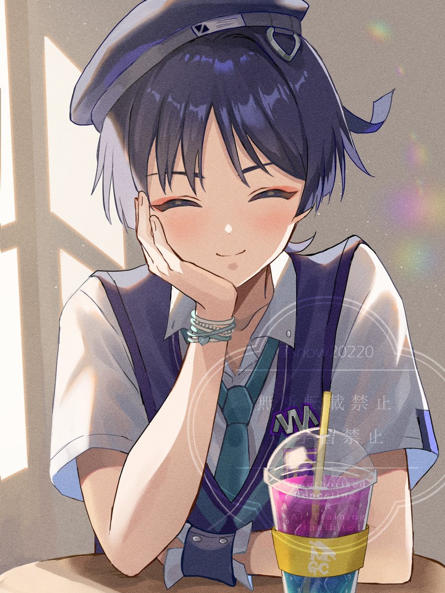 1boy alternate_costume aqua_necktie aqua_trim arm_on_table arm_rest bead_bracelet beads beret blunt_ends blush bracelet cardigan closed_eyes closed_mouth coffee collarbone collared_shirt cup disposable_cup drinking_straw elbow_on_table eyeliner eyeshadow fingernails genshin_impact hand_on_own_face hat head_rest heart highres iced_coffee jewelry makeup male_focus necktie official_alternate_costume parted_lips purple_cardigan purple_hair purple_hat red_eyeliner red_eyeshadow scaramouche_(genshin_impact) shirt short_sleeves smile snow20200 solo twitter_username wanderer_(genshin_impact) wanderer_(mega_mgc_coffee)_(genshin_impact) watermark white_shirt white_sleeves white_undershirt wrist_cuffs