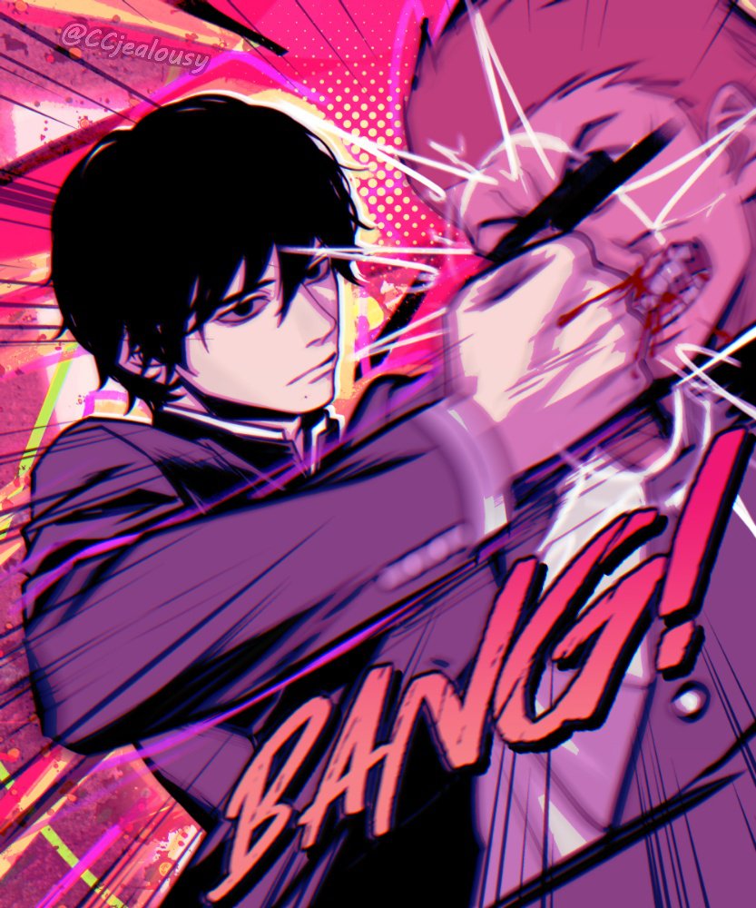 2boys blood censored chainsaw_man commentary czy_(2894456992) emphasis_lines english_commentary expressionless face_punch gakuran censored_identity in_the_face jacket male_focus mole mole_under_mouth motion_blur motion_lines multiple_boys nosebleed open_clothes open_jacket punching school_uniform yoshida_hirofumi