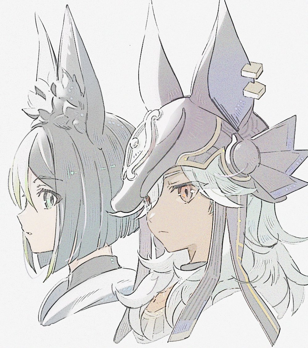 2boys animal_ear_fluff animal_ears animal_ears_helmet animal_helmet black_hair bob_cut commentary_request cropped_torso cyno_(genshin_impact) fake_animal_ears fox_ears from_side frown genshin_impact green_eyes green_hair grey_hair grey_shirt hair_between_eyes hair_over_shoulder long_hair looking_at_viewer male_focus medium_hair multicolored_hair multiple_boys munya_(pic) open_mouth portrait red_eyes shirt simple_background streaked_hair tighnari_(genshin_impact) white_background