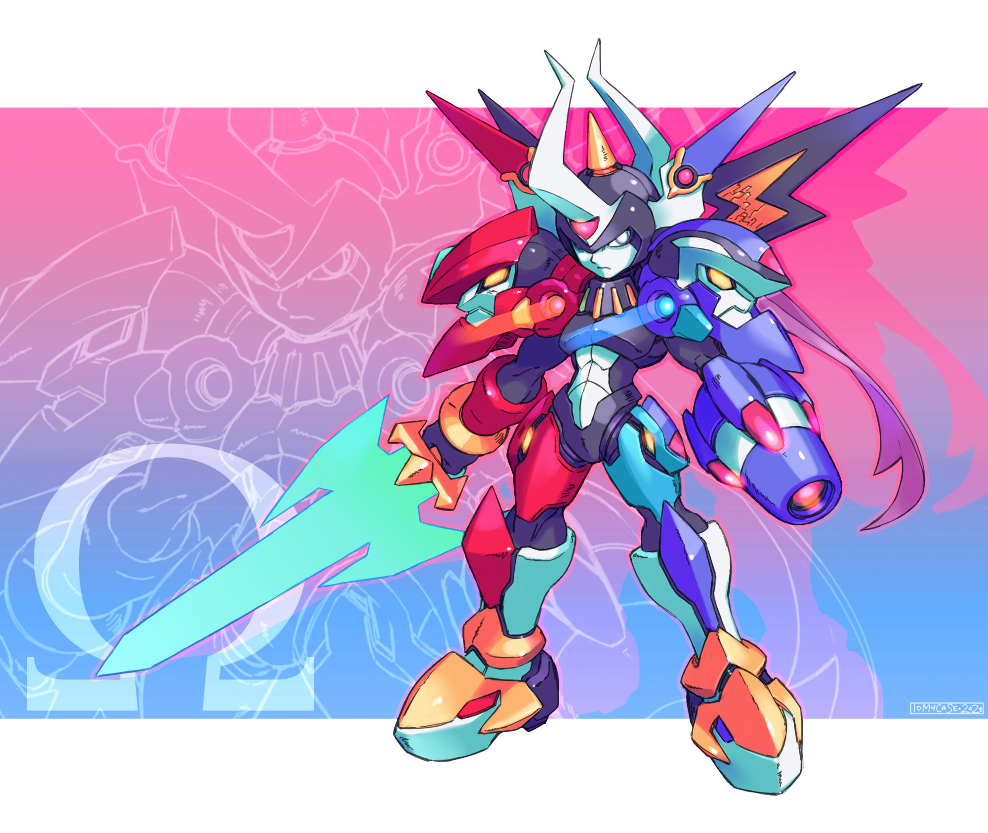 1boy adapted_costume arm_cannon armor blue_armor energy_sword forehead_jewel full_body highres holding holding_sword holding_weapon mecha mega_man_(series) mega_man_zero_(series) mega_man_zero_3 omega_(mega_man) red_armor robot solo sword tomycase weapon
