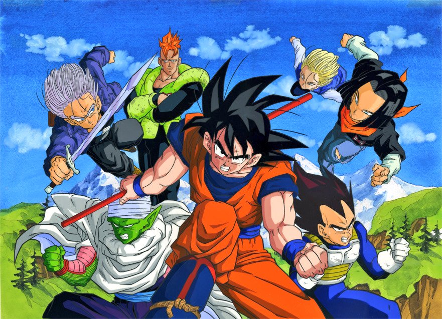 1girl 5boys android_16 android_17 android_18 black_eyes black_hair blonde_hair blue_eyes blue_jeans blue_pants brother_and_sister colored_skin denim dragon_ball dragonball_z father_and_son gloves green_skin jeans multiple_boys muscular muscular_arms namekian ruyi_jingu_bang official_art orange_hair pants piccolo pointy_ears purple_hair siblings son_goku spiked_hair sword tagme trunks_(dragon_ball) trunks_(future)_(dragon_ball) vegeta weapon white_gloves