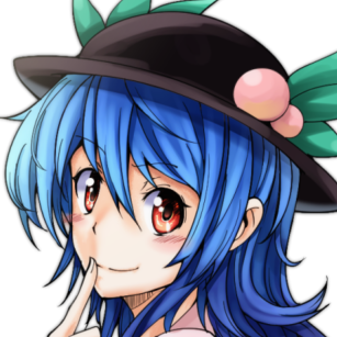 1girl blush female_focus food fruit hat hinanawi_tenshi long_hair looking_at_viewer lowres pandora-ex peach simple_background smile solo touhou white_background