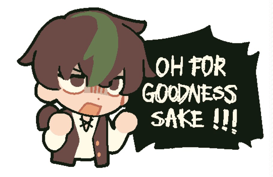 1boy brown_eyes brown_hair chibi chibi_only chinese_commentary commentary_request cosplay english_text green_hair jaggy_lines male_focus minecraft_youtube mipaihere multicolored_hair open_clothes open_mouth open_vest ponytail shaded_face shrek shrek_(cosplay) shrek_(series) smallishbeans speech_bubble streaked_hair vest white_background