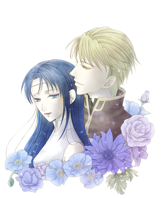 blonde_hair blue_eyes blue_hair blush circlet clothes couple fire_emblem fire_emblem:_the_blazing_blade flower from_behind harken_(fire_emblem) isadora_(fire_emblem) knight lips lipstick long_hair looking_back makeup nintendo rose see-through_clothes short_hair smile yellow_eyes