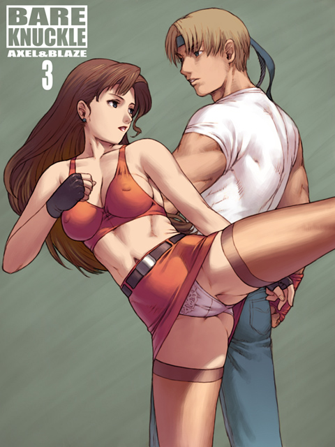 axel_stone streets_of_rage blaze_fielding bra breasts brown_hair circle_garyuu clothes_lift covered_erect_nipples fingerless_gloves game_console gloves high_kick jpeg_artifacts kicking lingerie long_hair midriff miniskirt muscular panties pantyshot sega sega_mega_drive sideboob skirt skirt_lift thighhighs thighs underwear video_game
