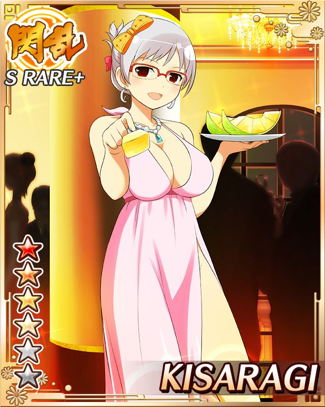 1girl bob_cut border bow breasts card_(medium) character_name cleavage dress folded_ponytail food fork fruit game_cg glasses hair_bow holding holding_fork holding_plate incoming_food jewelry kisaragi_(senran_kagura) large_breasts looking_at_viewer melon melon_slice necklace official_alternate_hairstyle official_art open_mouth party pink_dress plate red-framed_eyewear red_eyes senran_kagura senran_kagura_new_wave short_hair smile solo white_hair yellow_bow