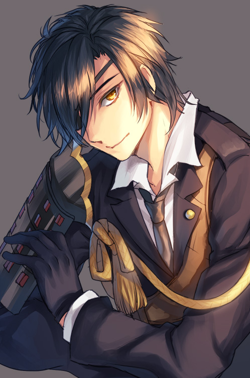 10s 1boy armor black_gloves black_hair eyepatch gloves japanese_armor male_focus necktie shokudaikiri_mitsutada shoulder_armor smile sode solo tenkuu_sphere touken_ranbu yellow_eyes