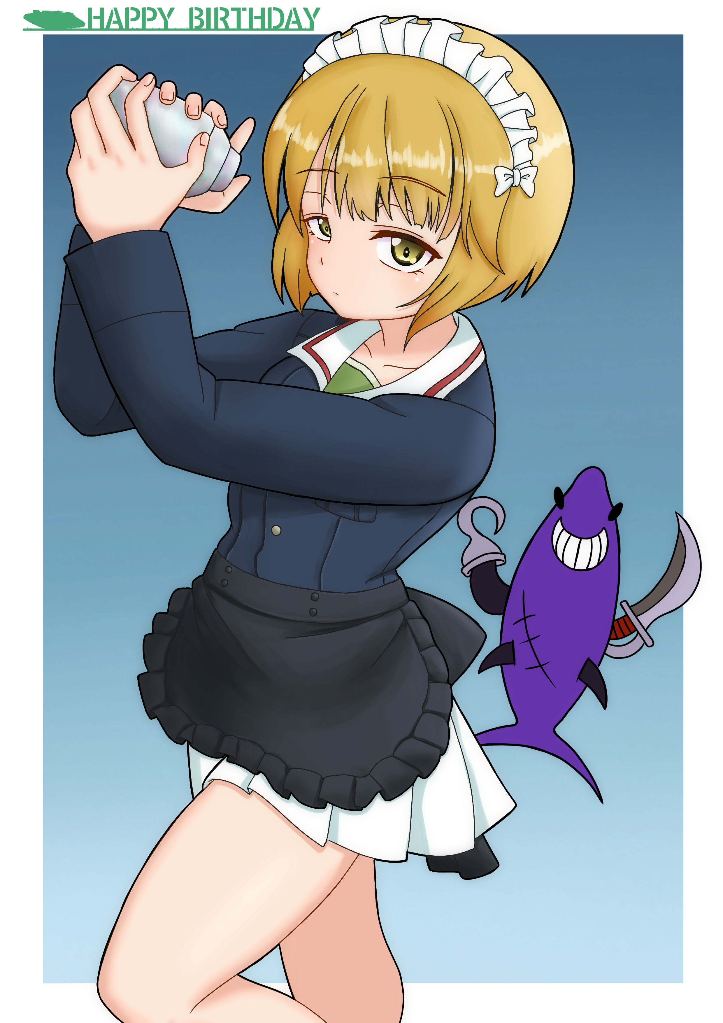 1girl absurdres amanone_yun apron birthday black_apron blonde_hair blue_background blue_jacket blunt_bangs bob_cut closed_mouth cocktail_shaker commentary cutlass_(girls_und_panzer) emblem english_text frilled_apron frills girls_und_panzer gradient_background green_undershirt half-closed_eyes happy_birthday highres holding jacket light_frown long_sleeves looking_at_viewer maid_headdress military_uniform miniskirt ooarai_military_uniform pleated_skirt shark short_hair skirt solo standing undershirt waist_apron white_skirt yellow_eyes