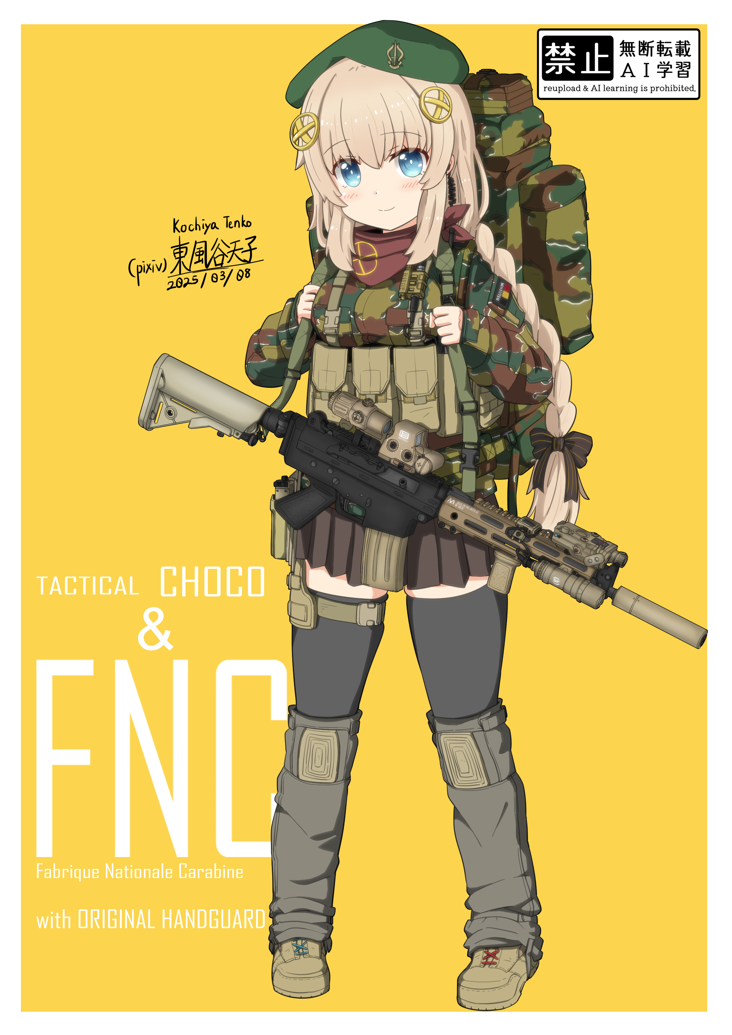 1girl absurdres alternate_costume ammunition_pouch artist_name assault_rifle backpack bag bandana bandana_around_neck belgian_army belgian_flag beret blonde_hair blue_eyes blush boots border bow braid braided_ponytail brown_bandana brown_boots brown_skirt brown_thighhighs buckle bulletproof_vest camouflage camouflage_jacket character_name chinese_commentary commentary_request dated emblem eotech flag_patch fn_fnc fnc_(girls'_frontline) full_body gaiters girls'_frontline green_bow gun hair_bow hair_ornament handgun hat helmet highres holding_strap holster jacket knee_pads kochiya_tenko laser_sight long_hair long_sleeves magazine_(weapon) military military_combat_uniform military_uniform optical_sight pleated_skirt pouch rifle sight_magnifier simple_background skirt smile snap-fit_buckle standing striped_bow suppressor tactical_clothes thigh_holster thighhighs vertical_foregrip walkie-talkie watermark weapon white_border yellow_background zettai_ryouiki