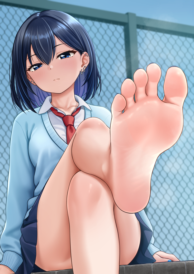 1girl barefoot black_hair blue_eyes crossed_legs feet hinosaki light_blush looking_at_viewer medium_hair soles toes
