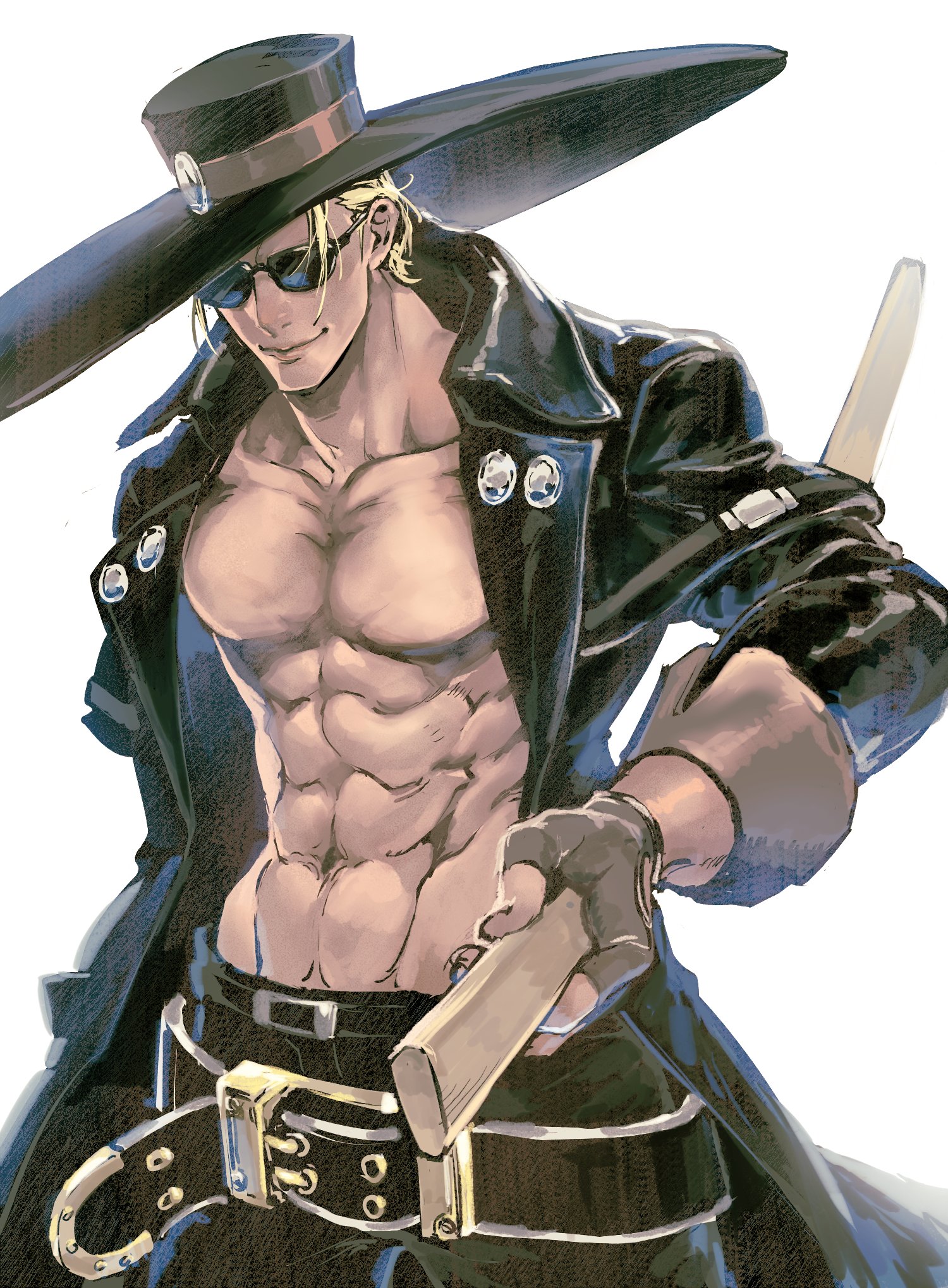 1boy abs arm_up bare_pectorals belt belt_buckle black_belt black_coat black_gloves black_hat black_pants blonde_hair buckle closed_mouth coat collarbone collared_coat commentary_request cowboy_shot fingerless_gloves gloves groin guilty_gear hat highres holding holding_sword holding_weapon johnny_(guilty_gear) kin_mokusei lapels long_coat male_focus navel open_clothes open_coat pants pectorals short_hair sleeve_cuffs smile solo sunglasses sword weapon white_background wide_brim wing_collar